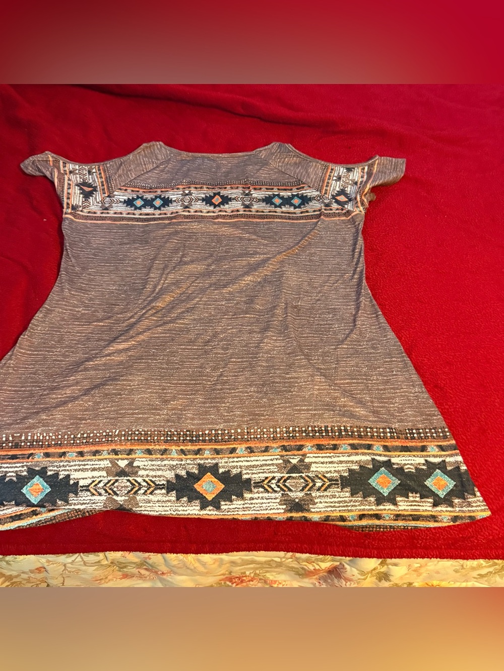 Brown Aztec-Print Short Sleeve Women's Top - Picture 2 of 2